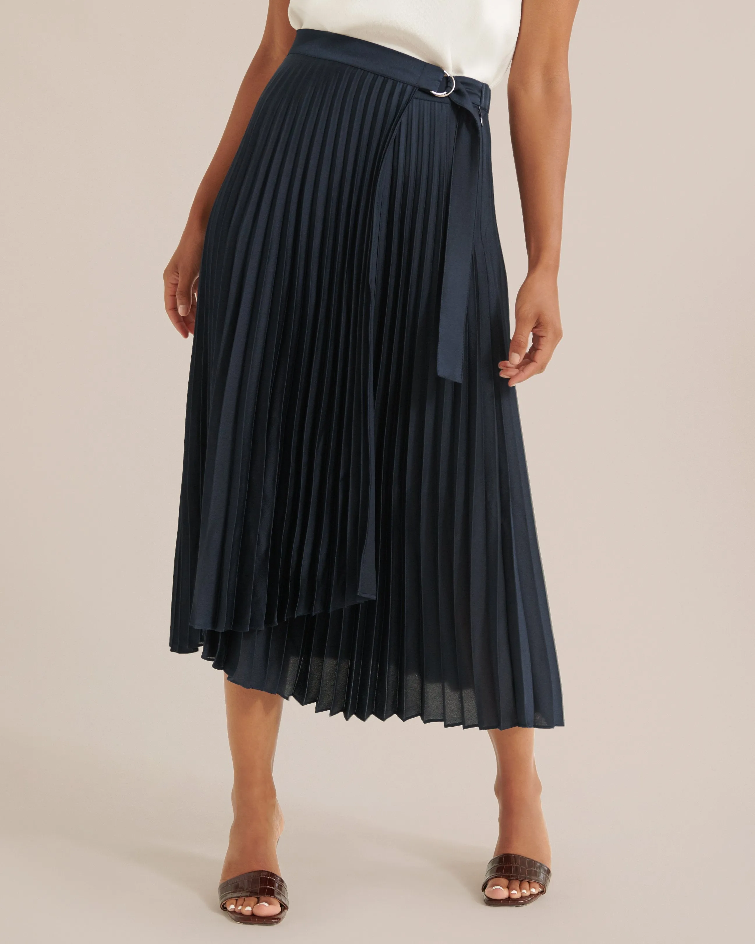 CeCe Asymmetric Pleated Midi Skirt
