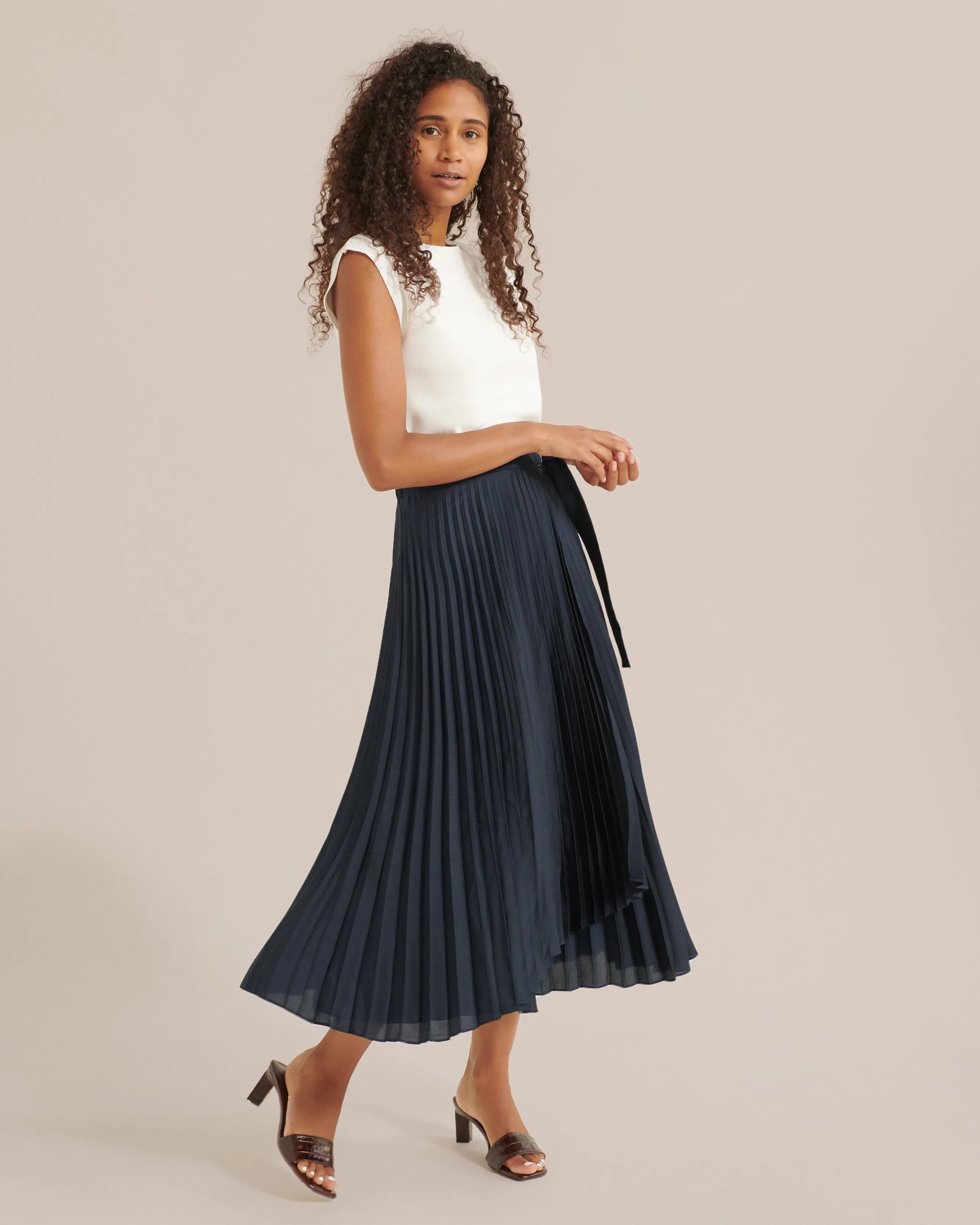CeCe Asymmetric Pleated Midi Skirt