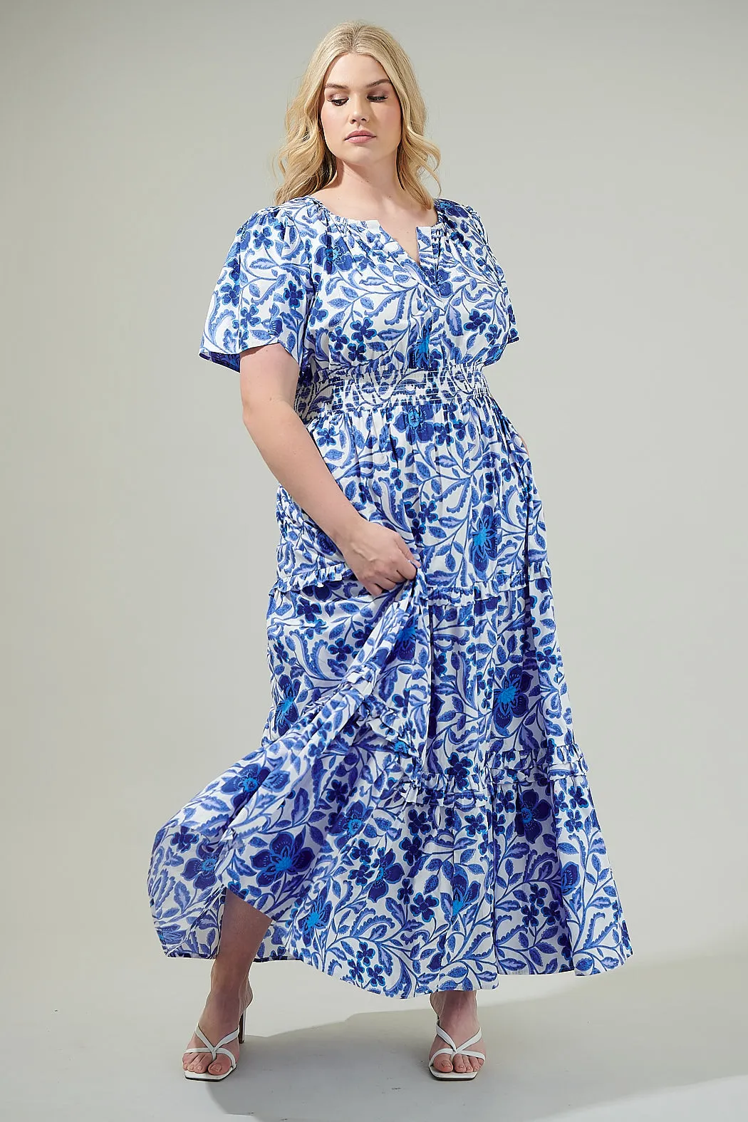 Celeste Floral Palmer Poplin Tiered Maxi Dress Curve