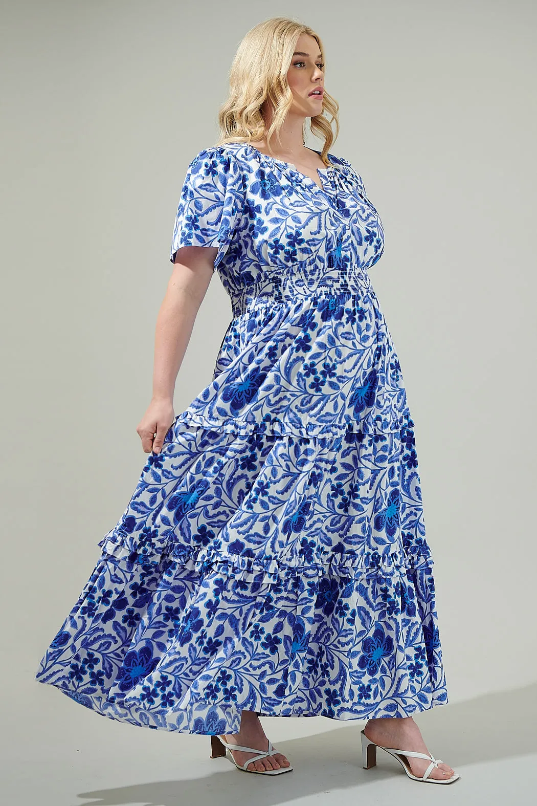 Celeste Floral Palmer Poplin Tiered Maxi Dress Curve