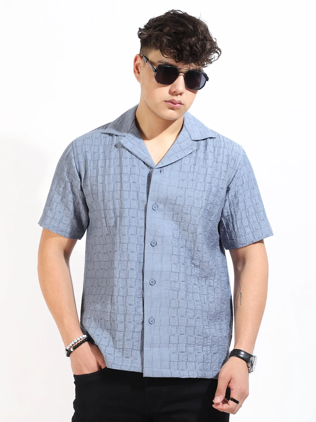 Crotchet Sky Grey Half Sleeve Shirt