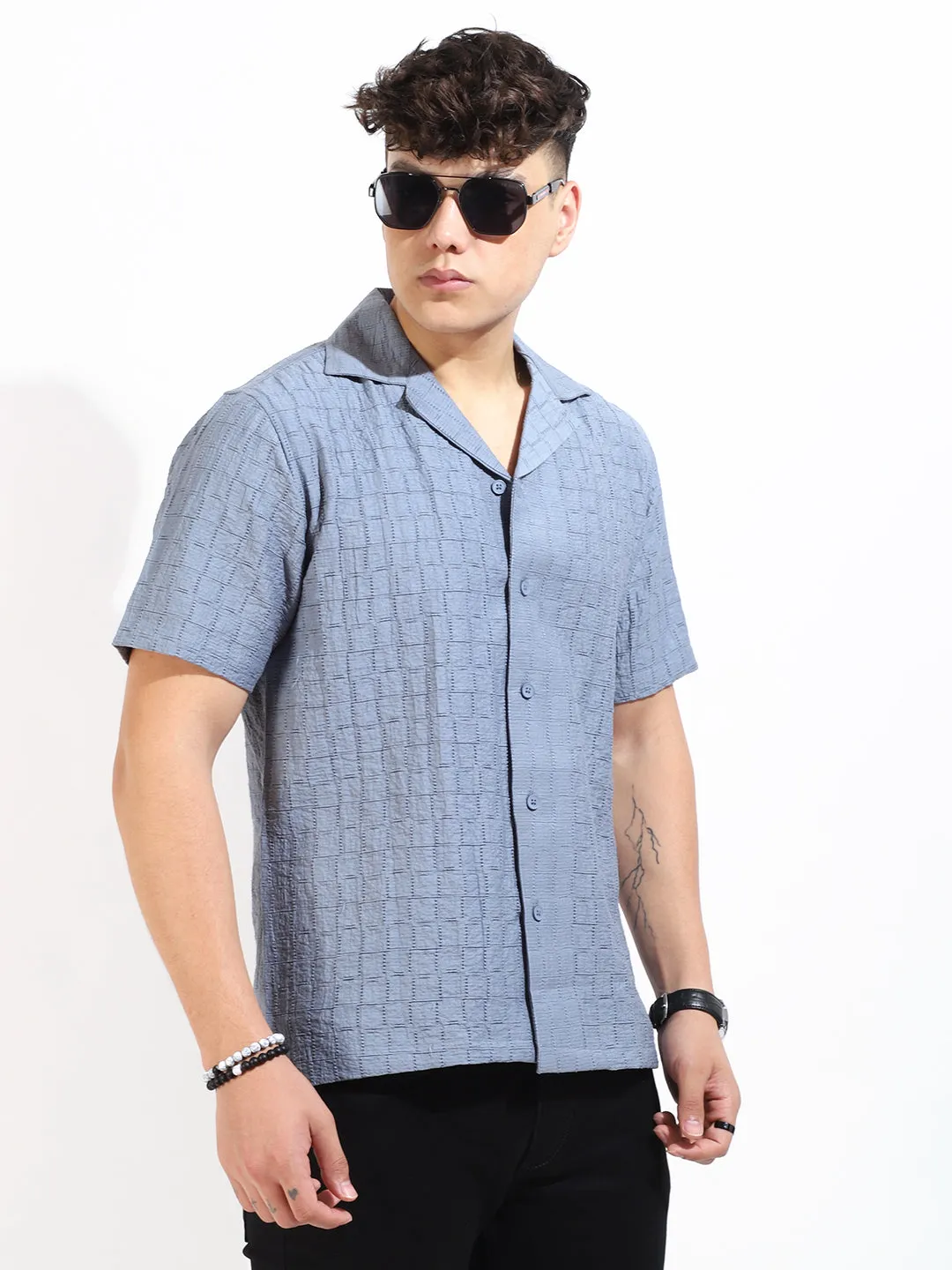 Crotchet Sky Grey Half Sleeve Shirt