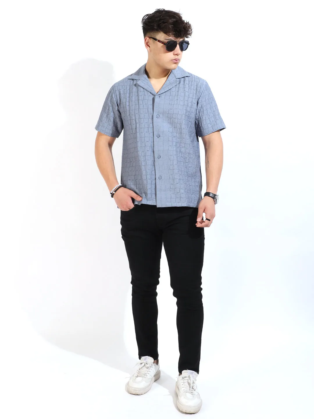 Crotchet Sky Grey Half Sleeve Shirt