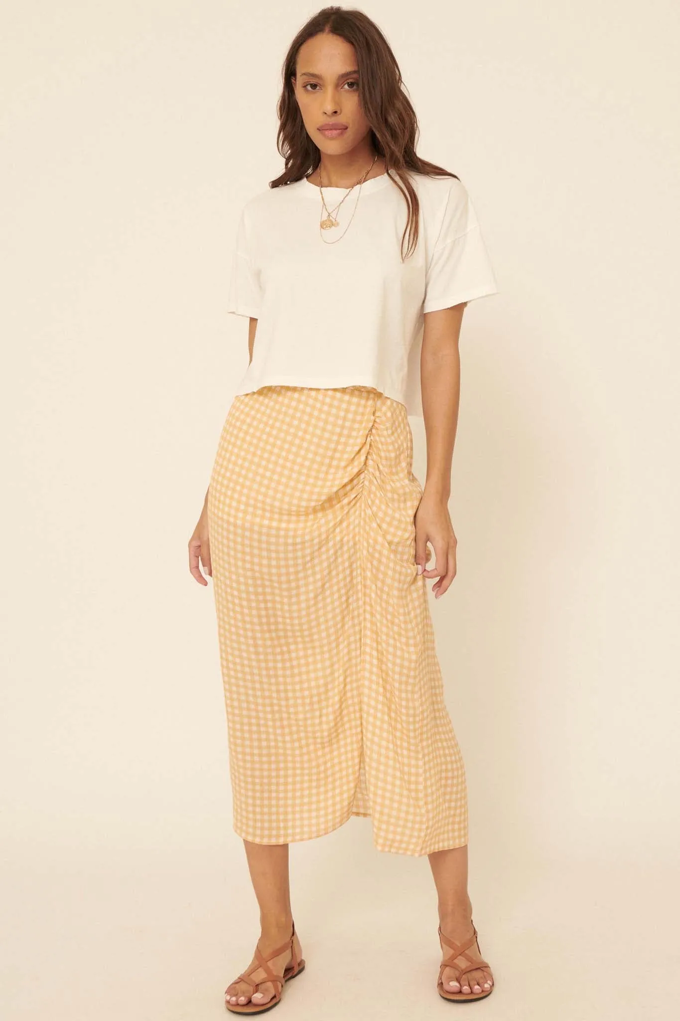 Delightful Days Ruched Gingham Midi Skirt