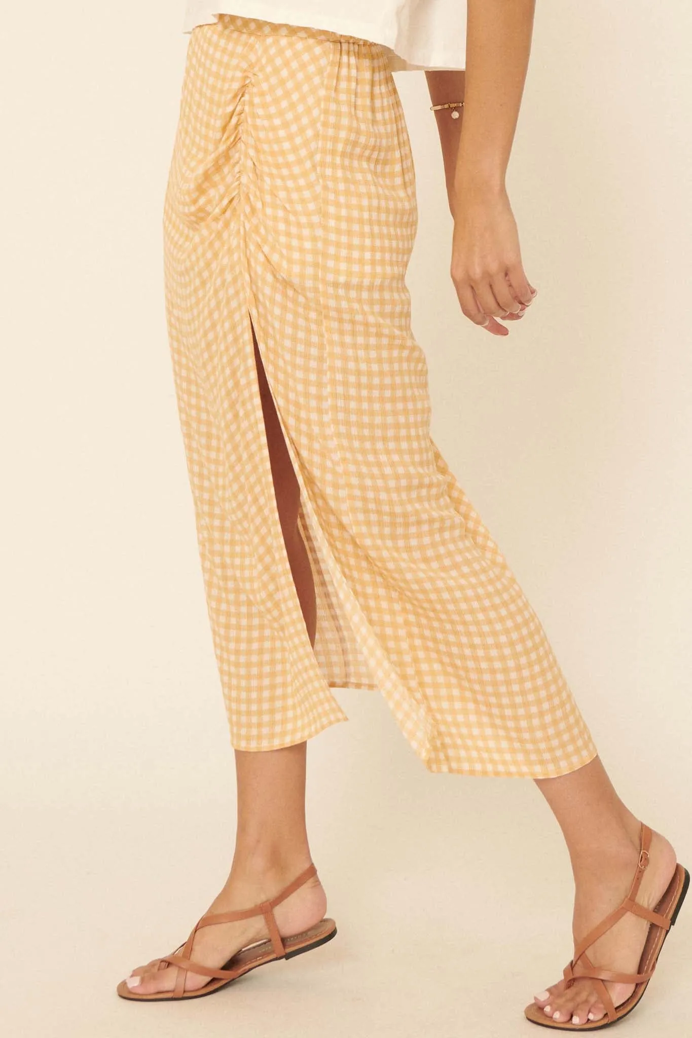 Delightful Days Ruched Gingham Midi Skirt