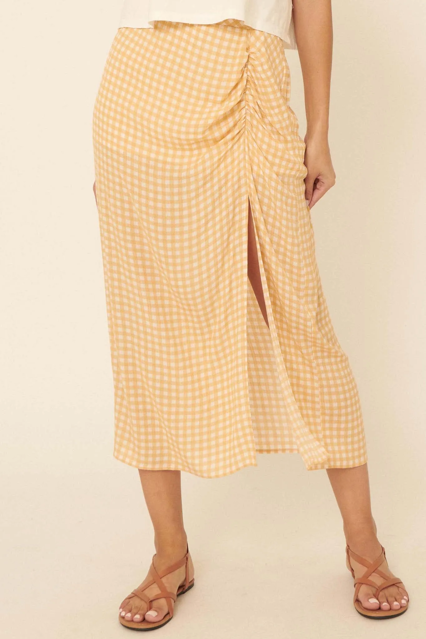 Delightful Days Ruched Gingham Midi Skirt