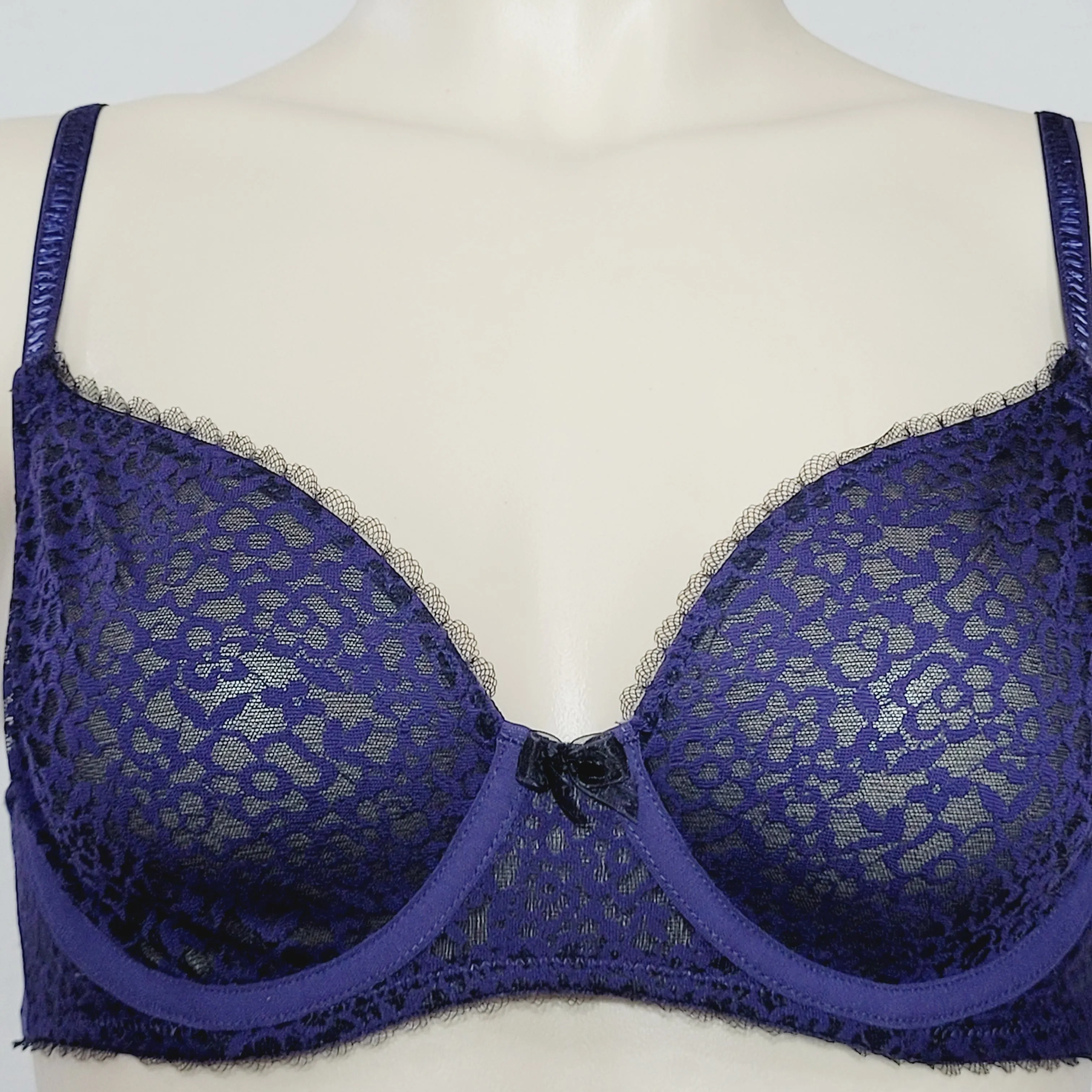 DKNY 453171 Mirage Molded Semi Sheer Lace Demi Bra 34A Navy Blue NWOT