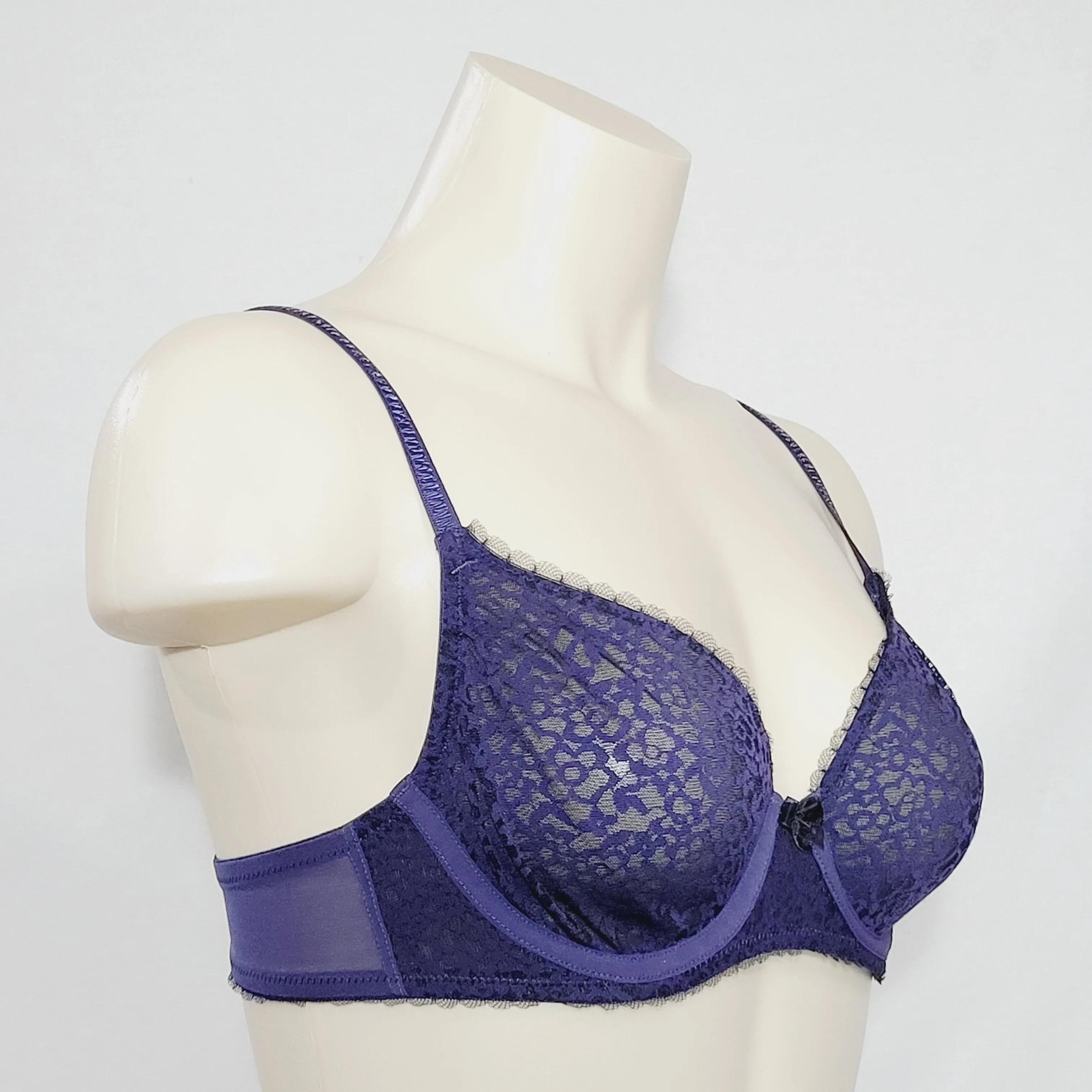 DKNY 453171 Mirage Molded Semi Sheer Lace Demi Bra 34A Navy Blue NWOT