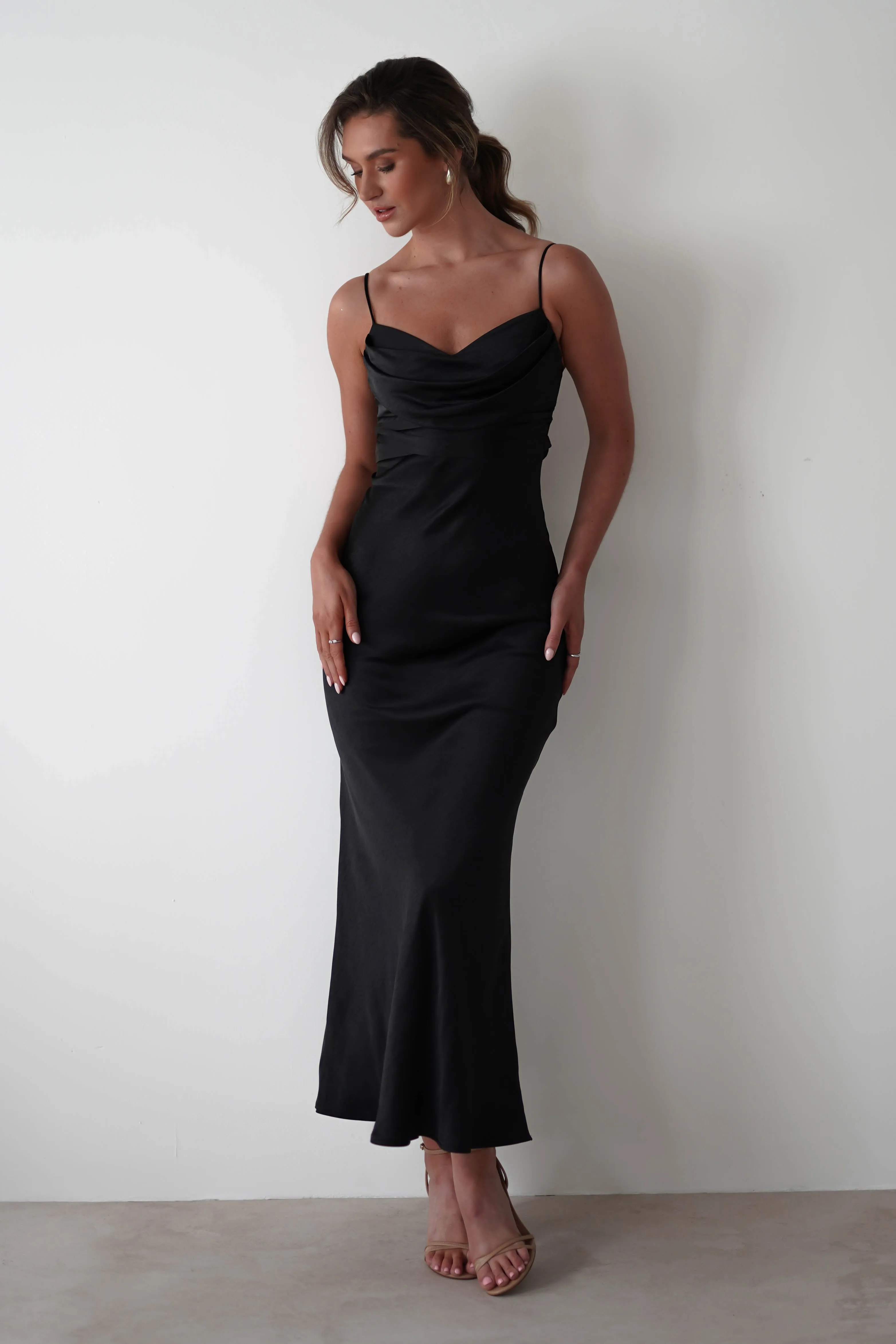 Everleigh Soft Satin Midi Dress | Black