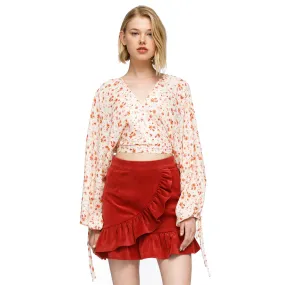 Floral Wrap Front Crop Blouse In Coral Gold