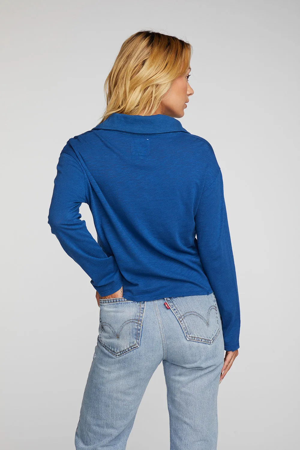 Gauze Jersey Cropped Polo with Distressed Detail Long Sleeve