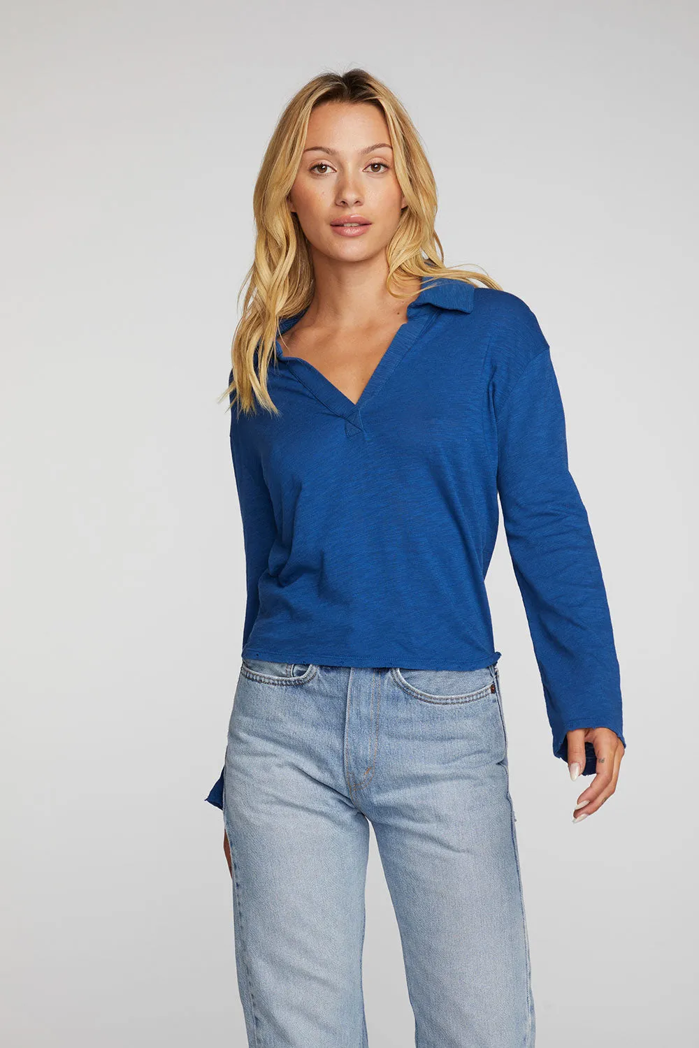 Gauze Jersey Cropped Polo with Distressed Detail Long Sleeve