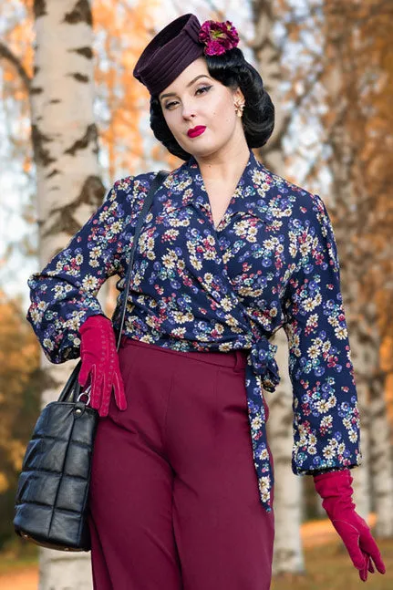 Grace Wrap Blouse In Navy Daisy