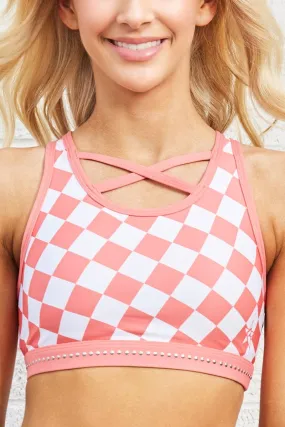 Hayden Sports Bra in Checkered Sweet Coral