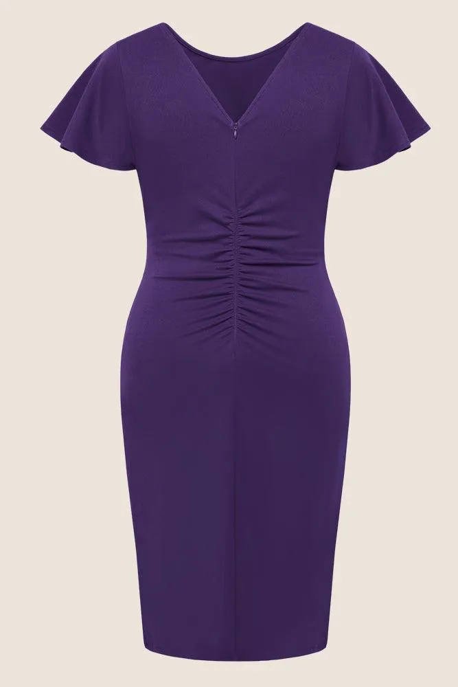 HN Women Plus Size Ruched Dress Short Sleeve Crew Neck  Straight Midi Dress