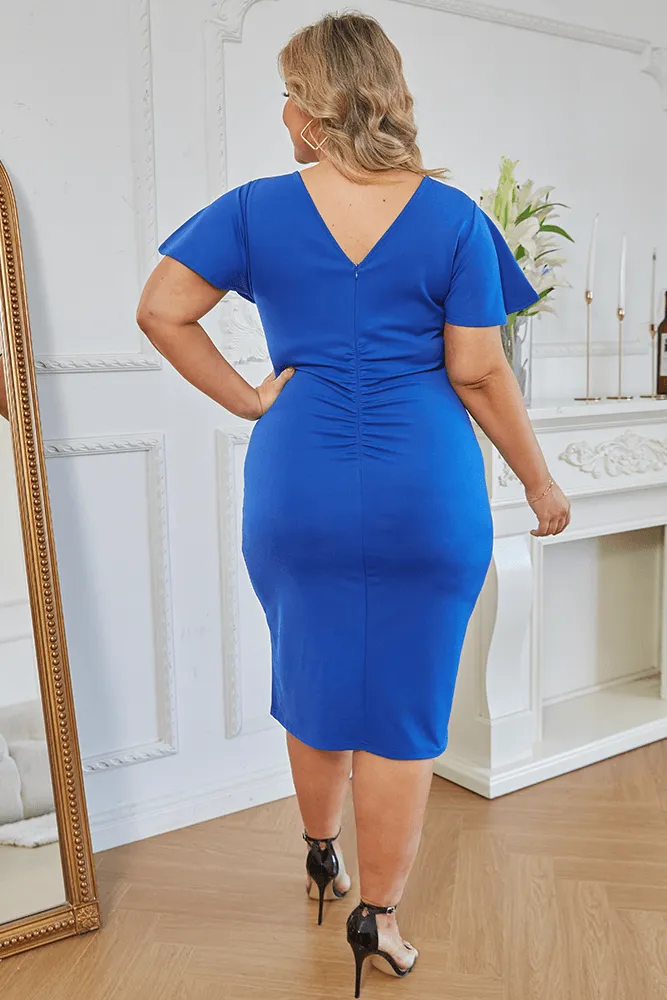 HN Women Plus Size Ruched Dress Short Sleeve Crew Neck  Straight Midi Dress