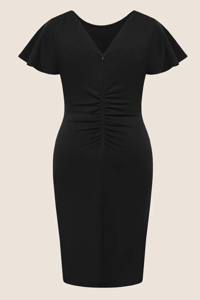 HN Women Plus Size Ruched Dress Short Sleeve Crew Neck  Straight Midi Dress
