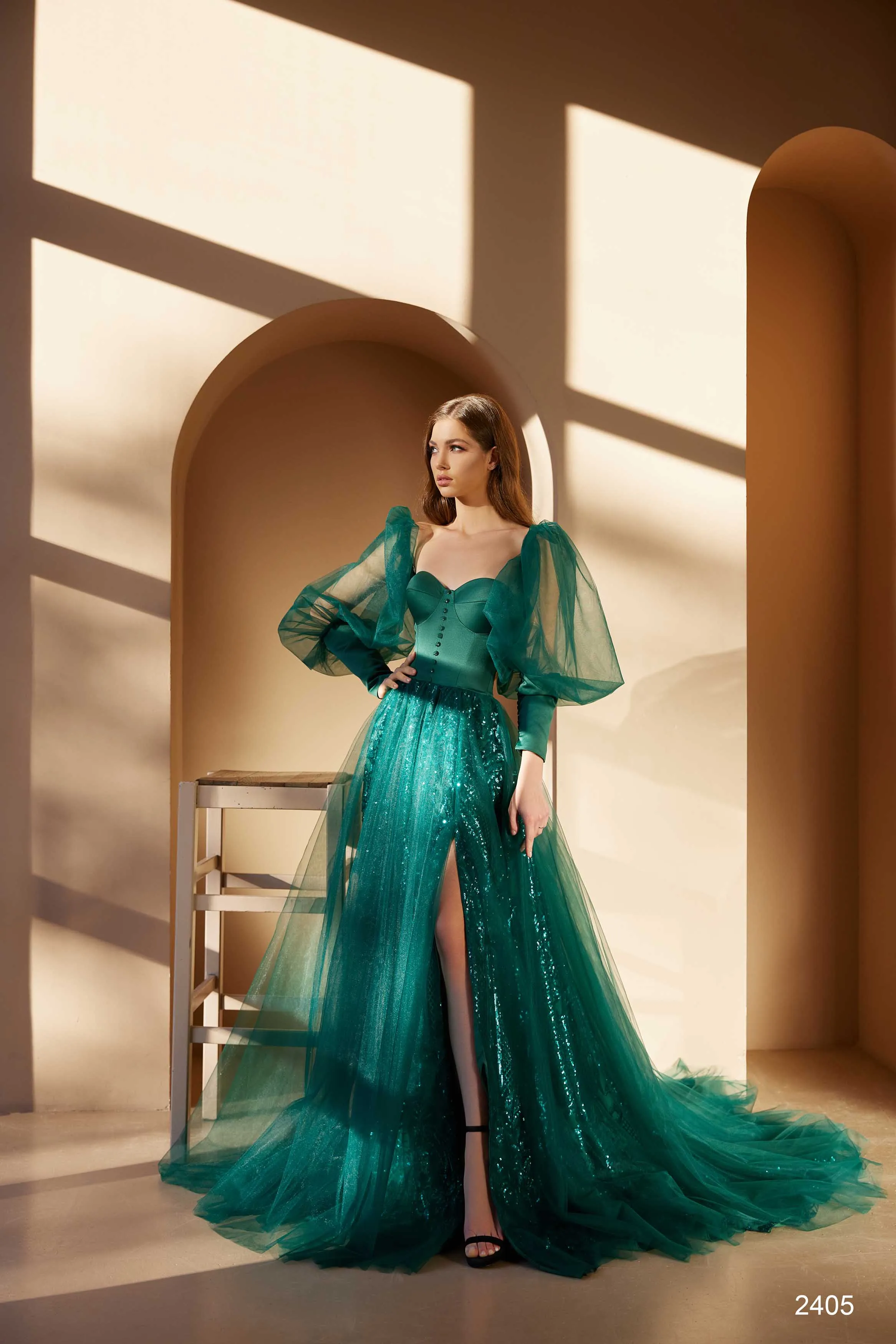 Long Formal Dress with Sleeved Bustier Top