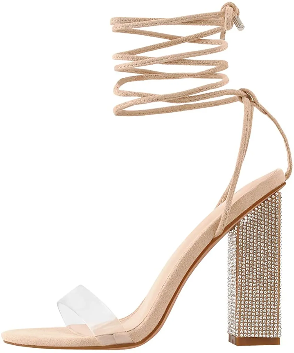 MissHeel Rhinestone Chunky Heel Sandals Lace Up