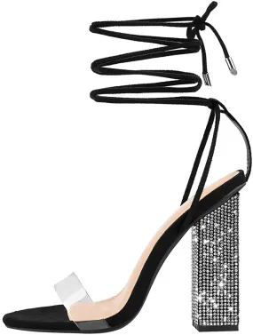 MissHeel Rhinestone Chunky Heel Sandals Lace Up