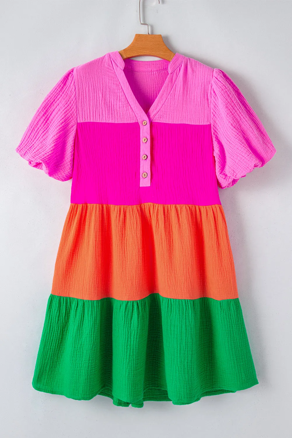 Multicolor Color Block Tiered Puff Sleeve Dress