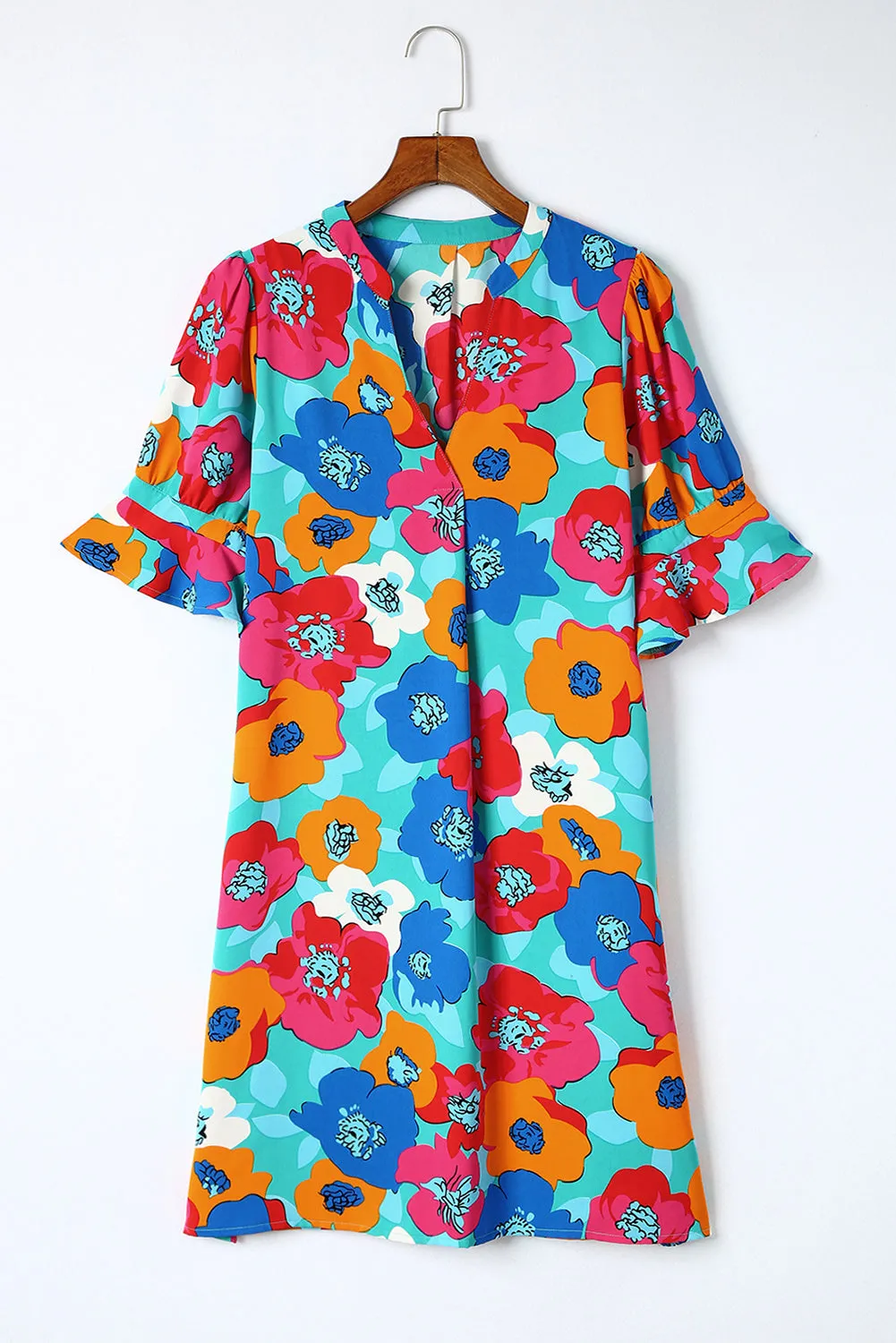 Multicolor Split V Collar Ruffle Sleeve Floral Shift Dress
