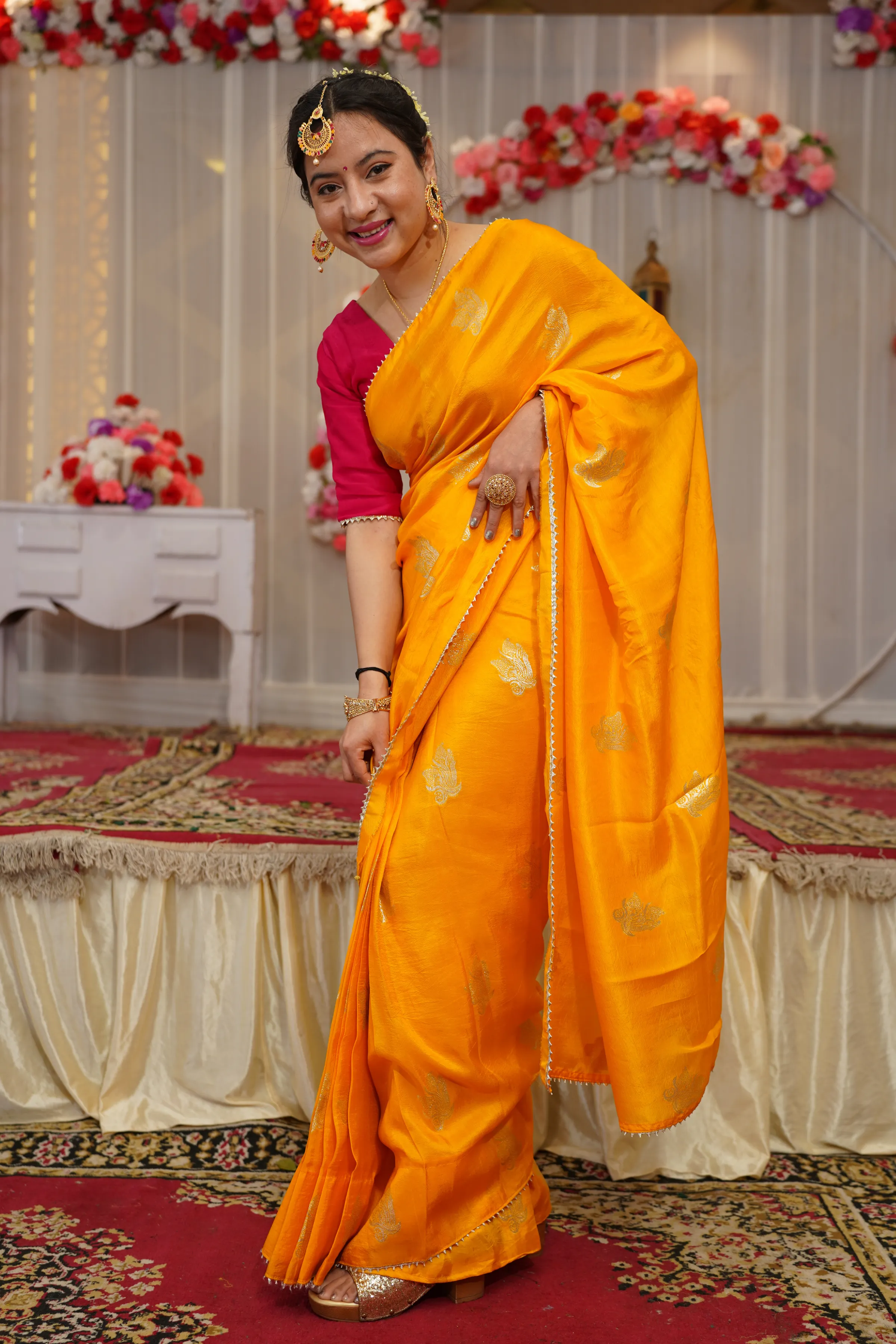Mustard Gold Pre-Draped Silk Saree with Blouse