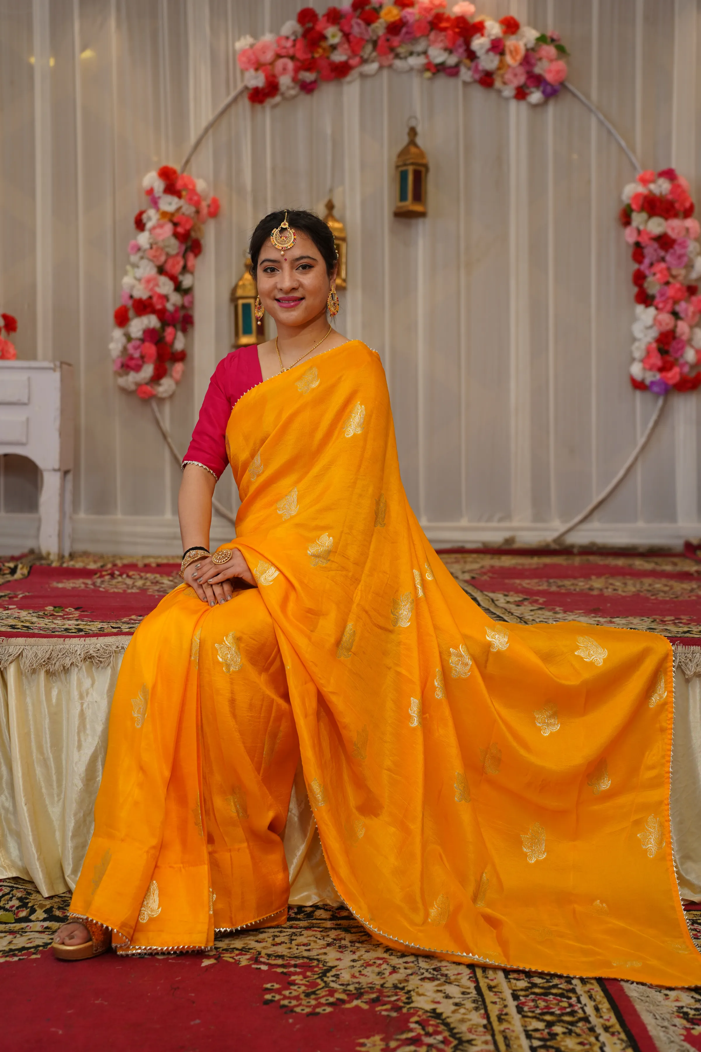 Mustard Gold Pre-Draped Silk Saree with Blouse