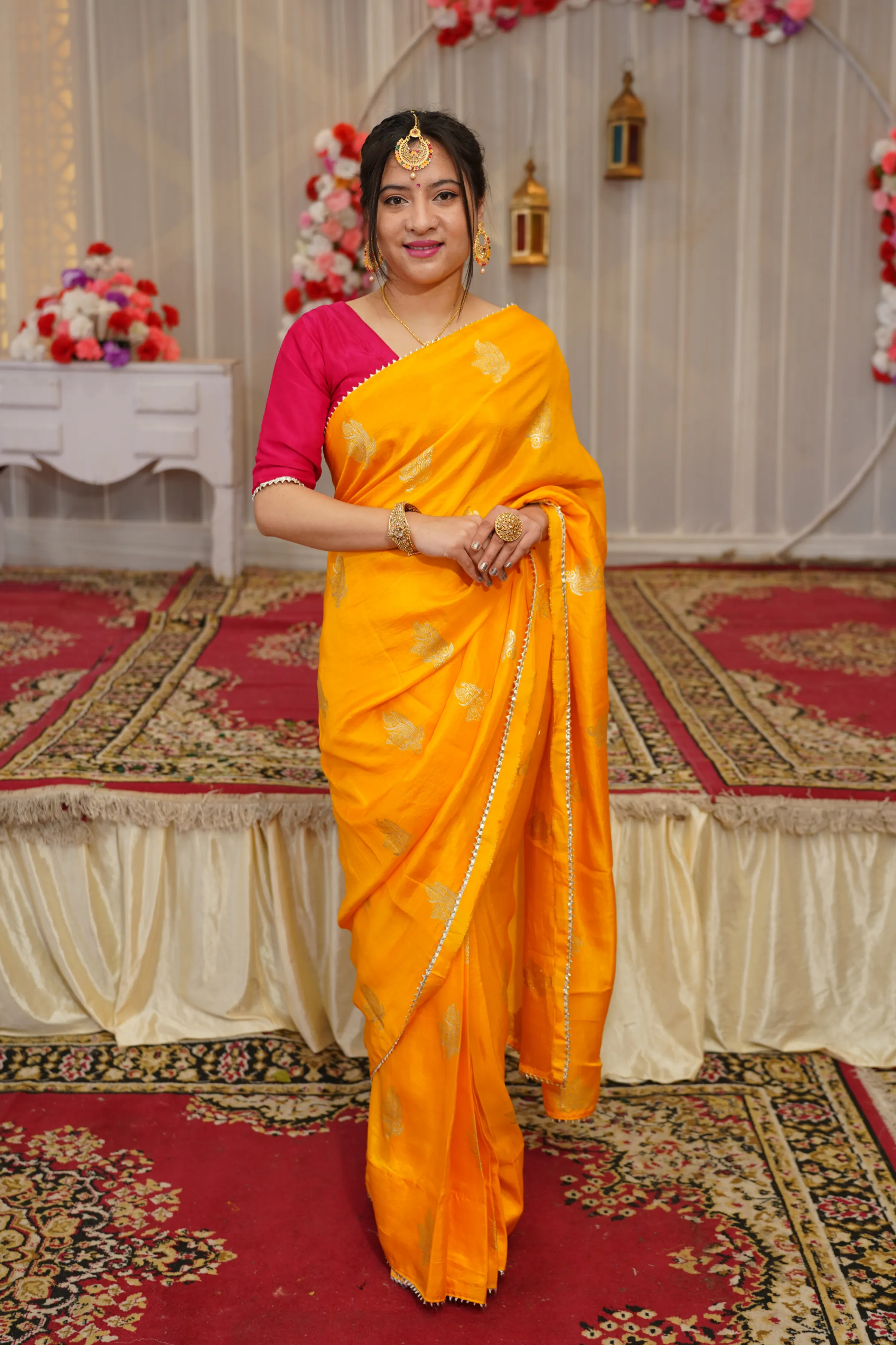 Mustard Gold Pre-Draped Silk Saree with Blouse
