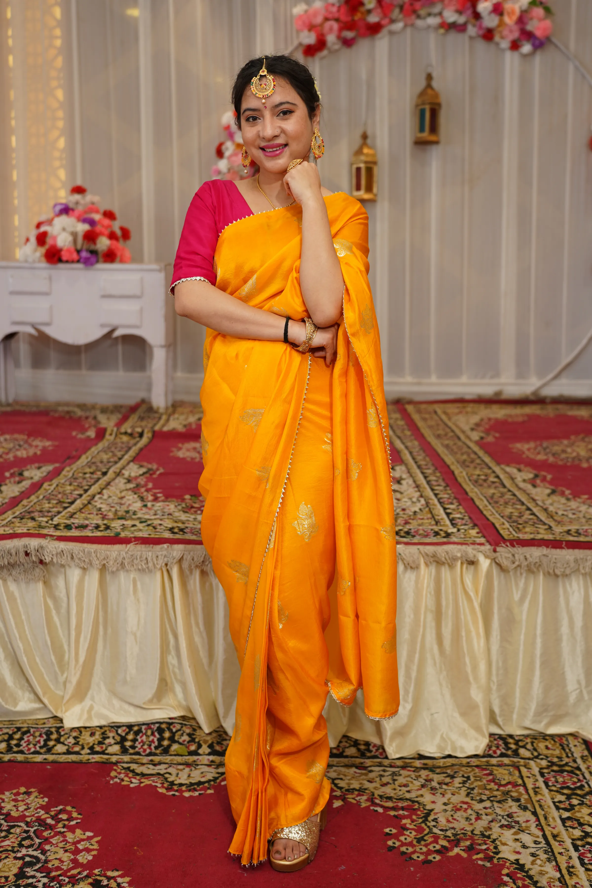 Mustard Gold Pre-Draped Silk Saree with Blouse
