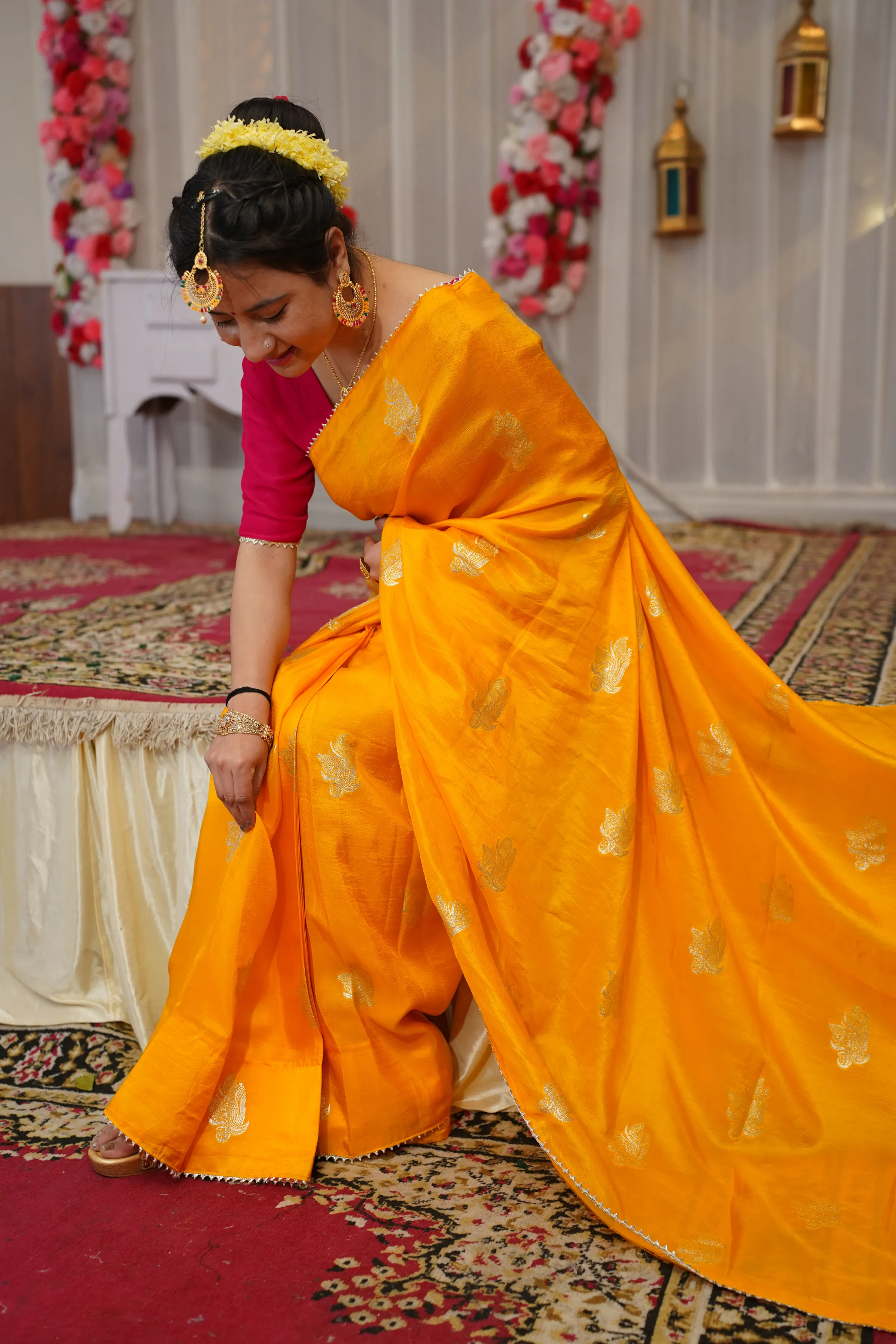 Mustard Gold Pre-Draped Silk Saree with Blouse