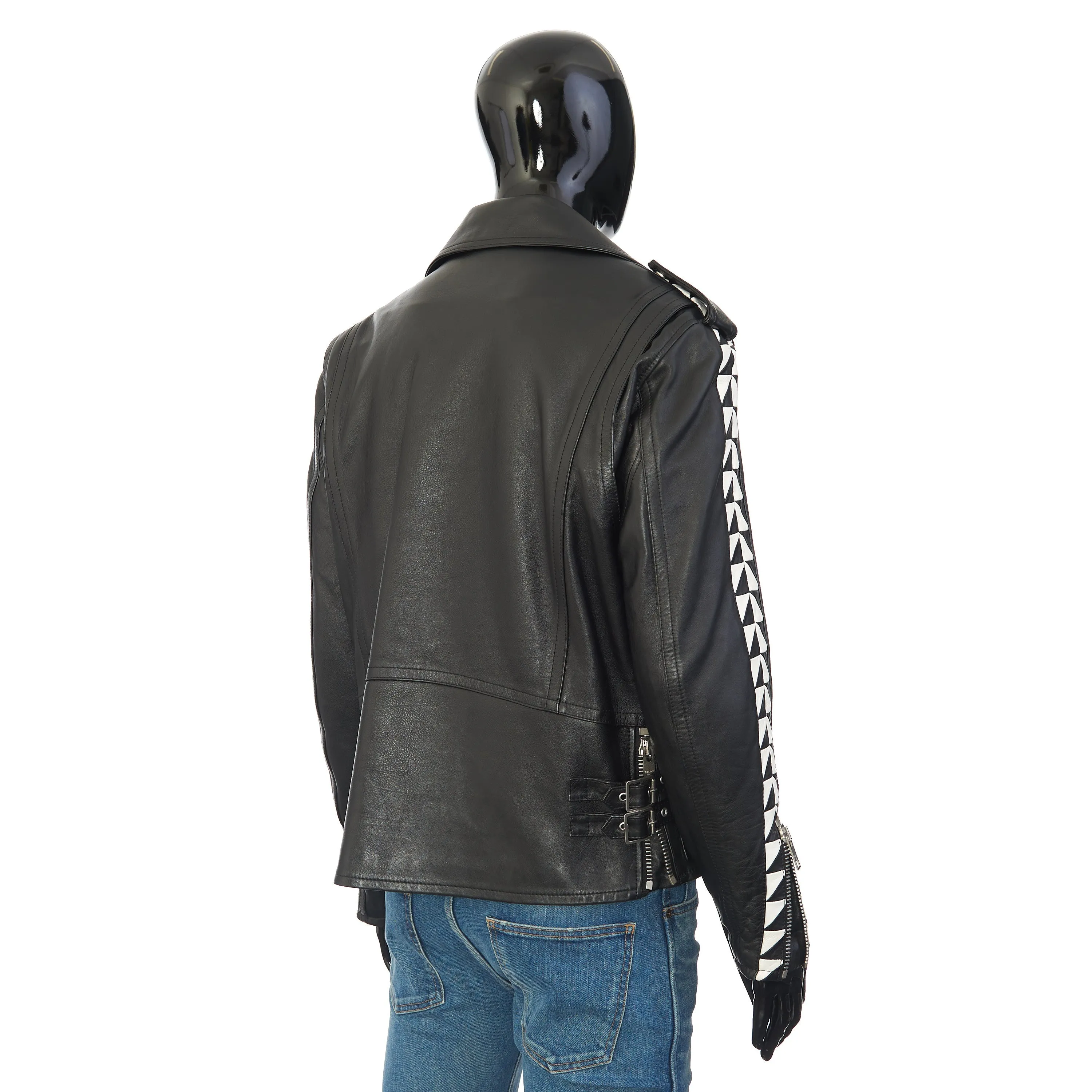 Oversized Biker Jacket With Triangle Bands In Black Calfskin