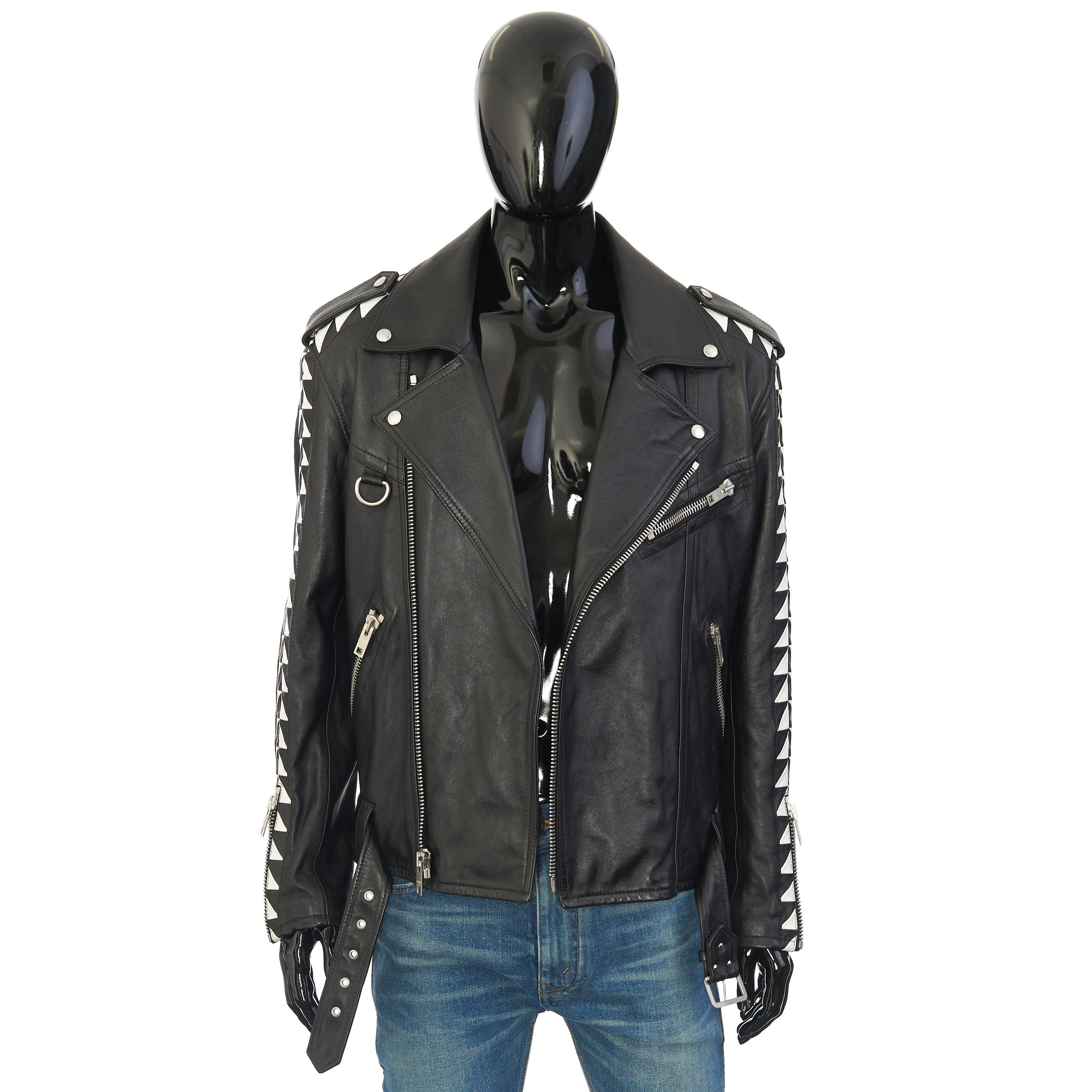 Oversized Biker Jacket With Triangle Bands In Black Calfskin