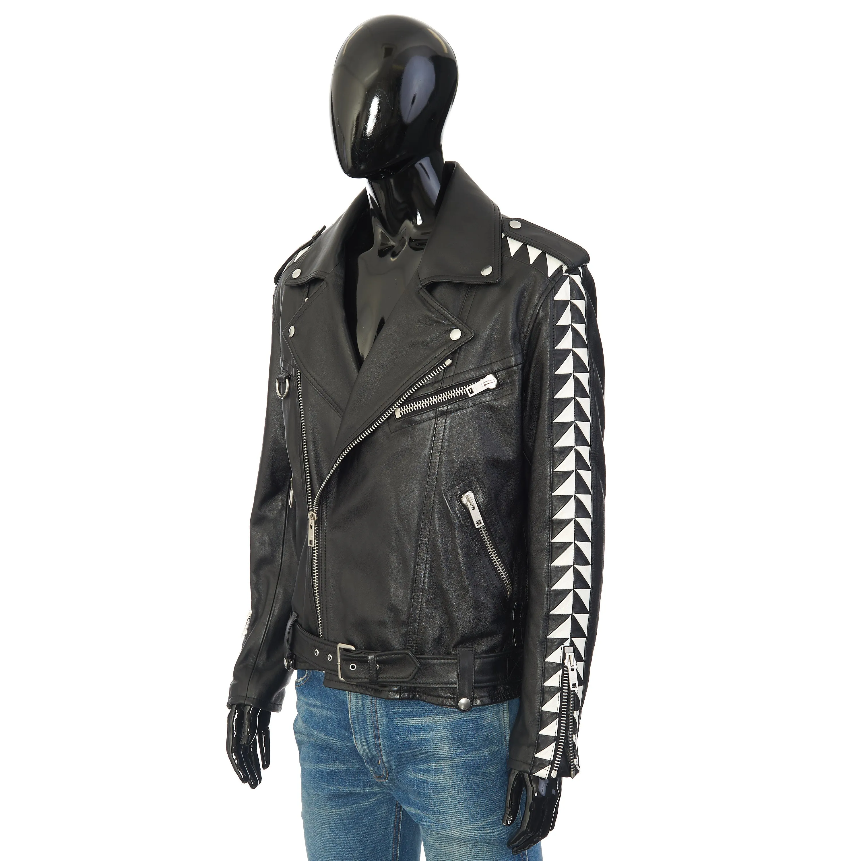 Oversized Biker Jacket With Triangle Bands In Black Calfskin