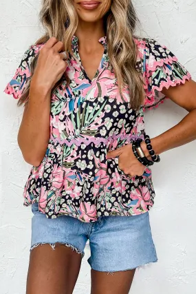 Pink Ricrac Floral Tiered Short Sleeve Blouse