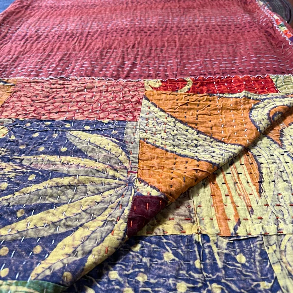 Rihaan : Multicoloured Patch work Bedcover with Kantha Work ( Double )