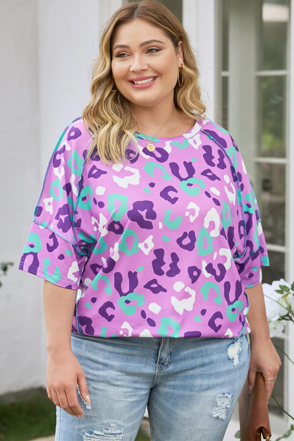Rose Leopard Kiss Print Plus Size Short Sleeve Tee