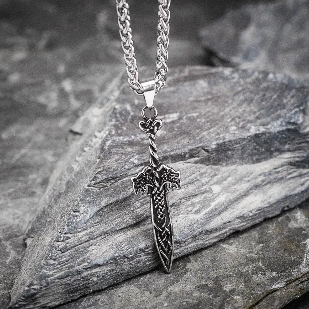 Stainless Steel Wolf Head Sword Necklace
