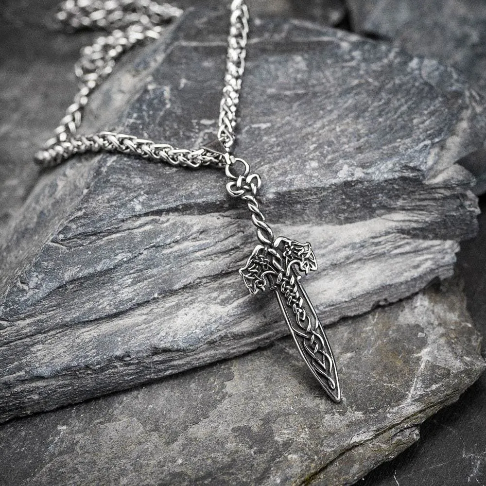 Stainless Steel Wolf Head Sword Necklace