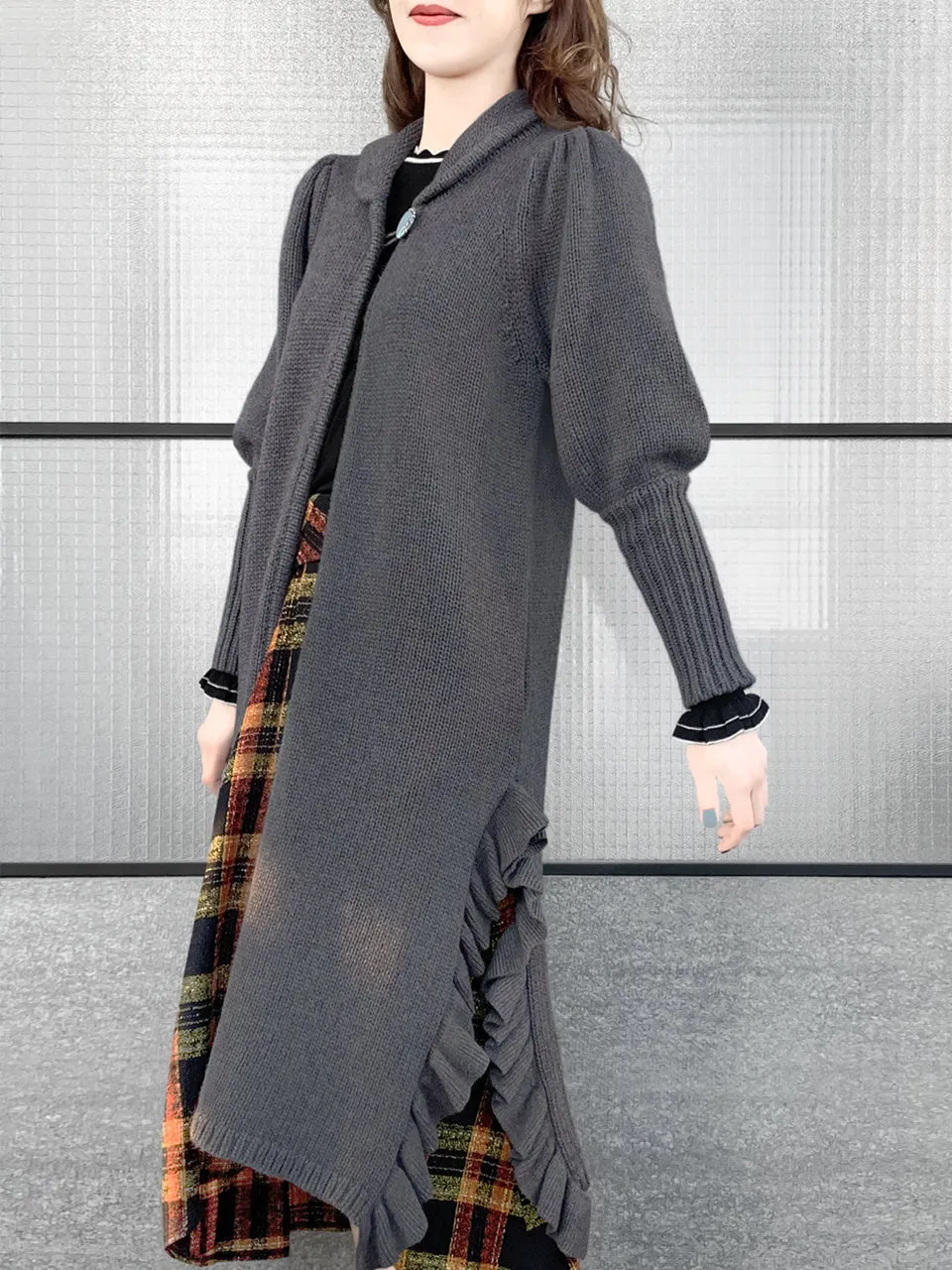 Surprise Sale! Grey Wool & Cashmere Ruffle Slit Longline Cardigan