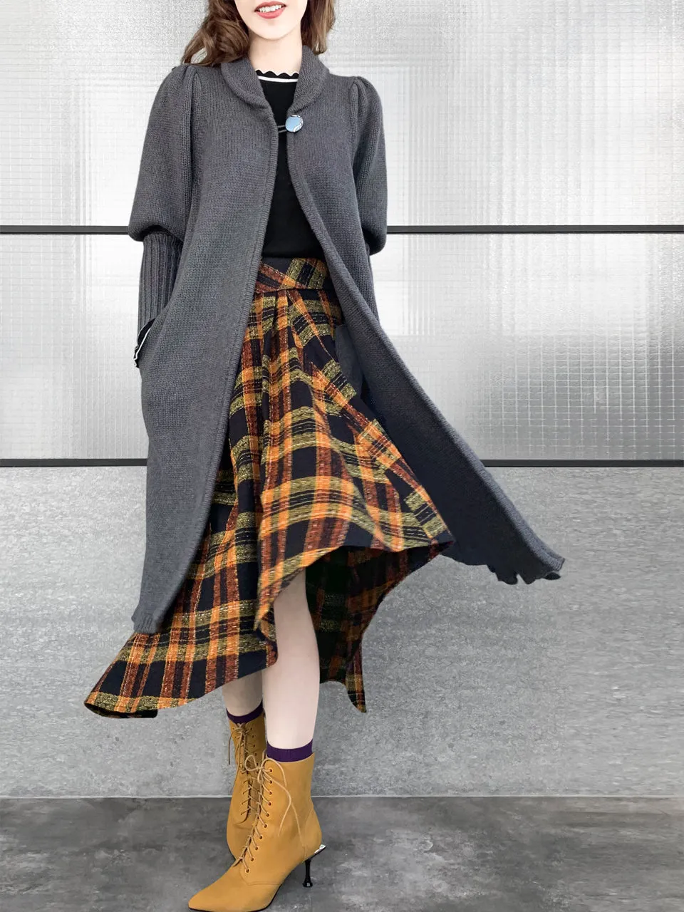 Surprise Sale! Grey Wool & Cashmere Ruffle Slit Longline Cardigan