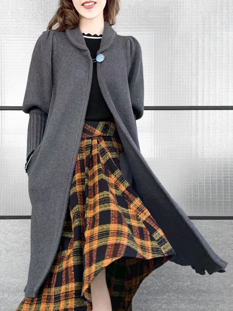 Surprise Sale! Grey Wool & Cashmere Ruffle Slit Longline Cardigan