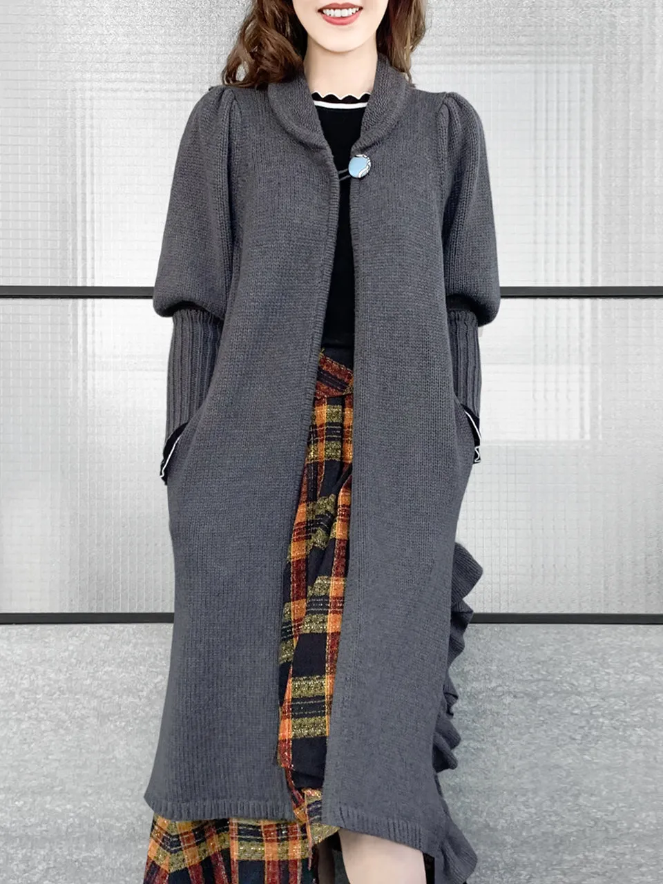 Surprise Sale! Grey Wool & Cashmere Ruffle Slit Longline Cardigan
