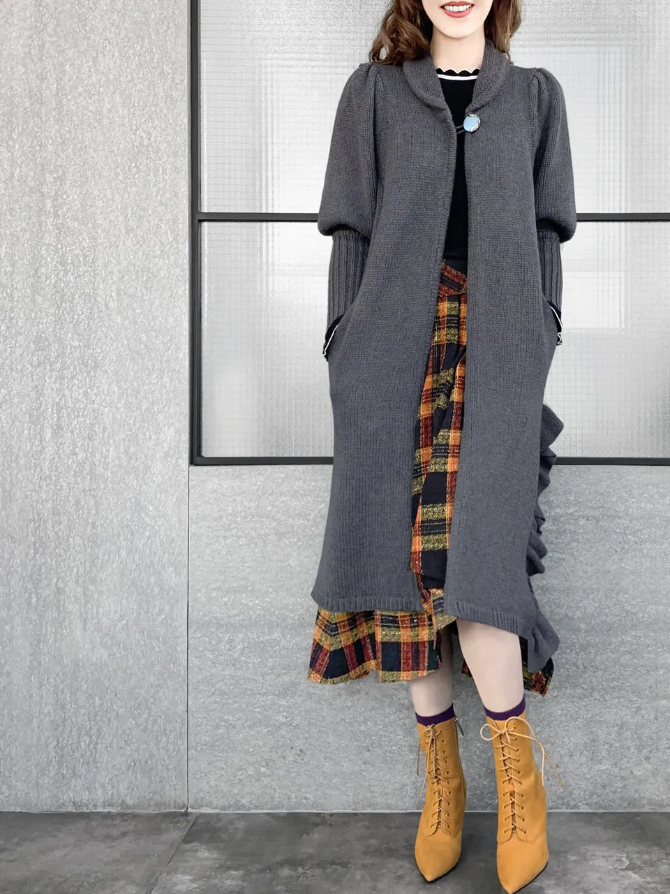 Surprise Sale! Grey Wool & Cashmere Ruffle Slit Longline Cardigan