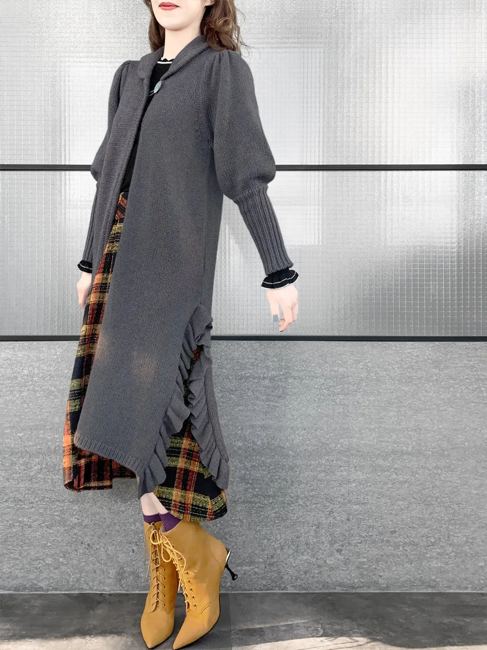 Surprise Sale! Grey Wool & Cashmere Ruffle Slit Longline Cardigan