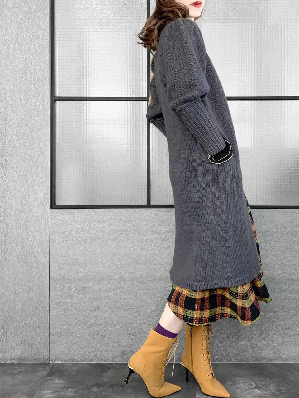 Surprise Sale! Grey Wool & Cashmere Ruffle Slit Longline Cardigan