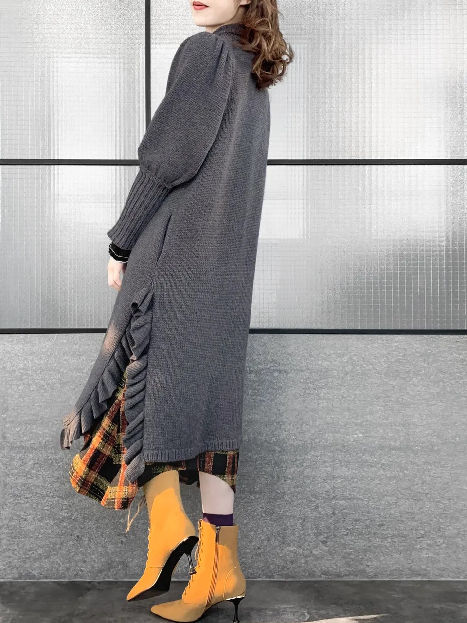 Surprise Sale! Grey Wool & Cashmere Ruffle Slit Longline Cardigan