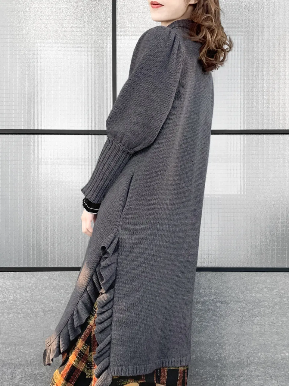 Surprise Sale! Grey Wool & Cashmere Ruffle Slit Longline Cardigan