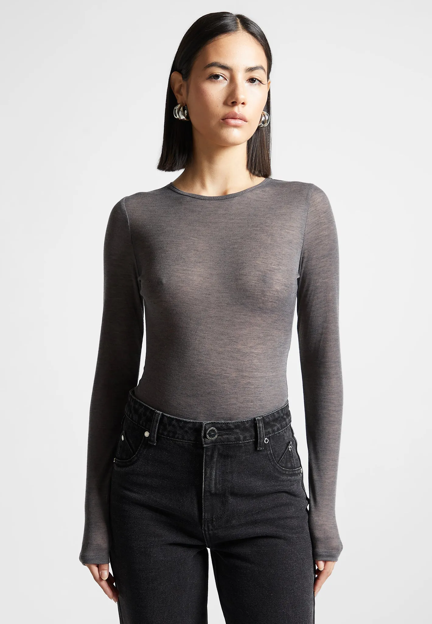 Éternelle Sheer Long Sleeve Bodysuit - Grey
