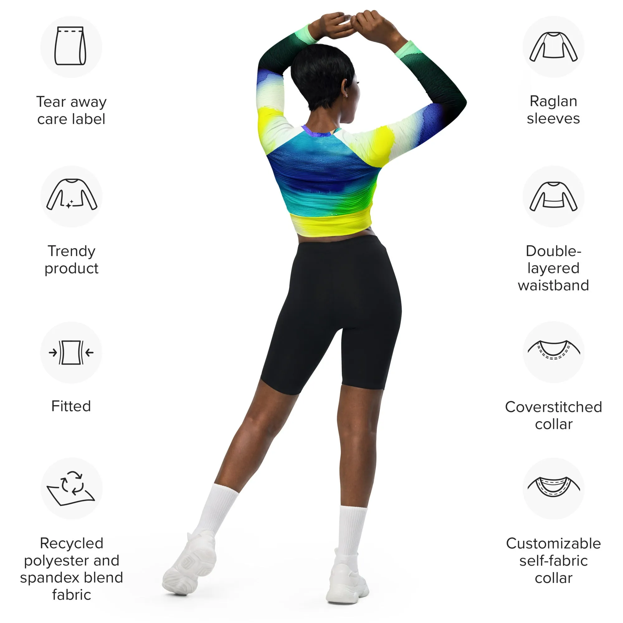 Youthful & Sustainable: Vibrant Rose Print Long-Sleeve Crop Top in Recycled Fabric